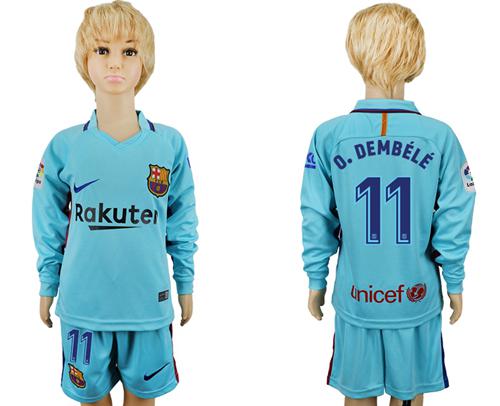 Barcelona #11 O.Dembele Away Long Sleeves Kid Soccer Club Jersey - Click Image to Close